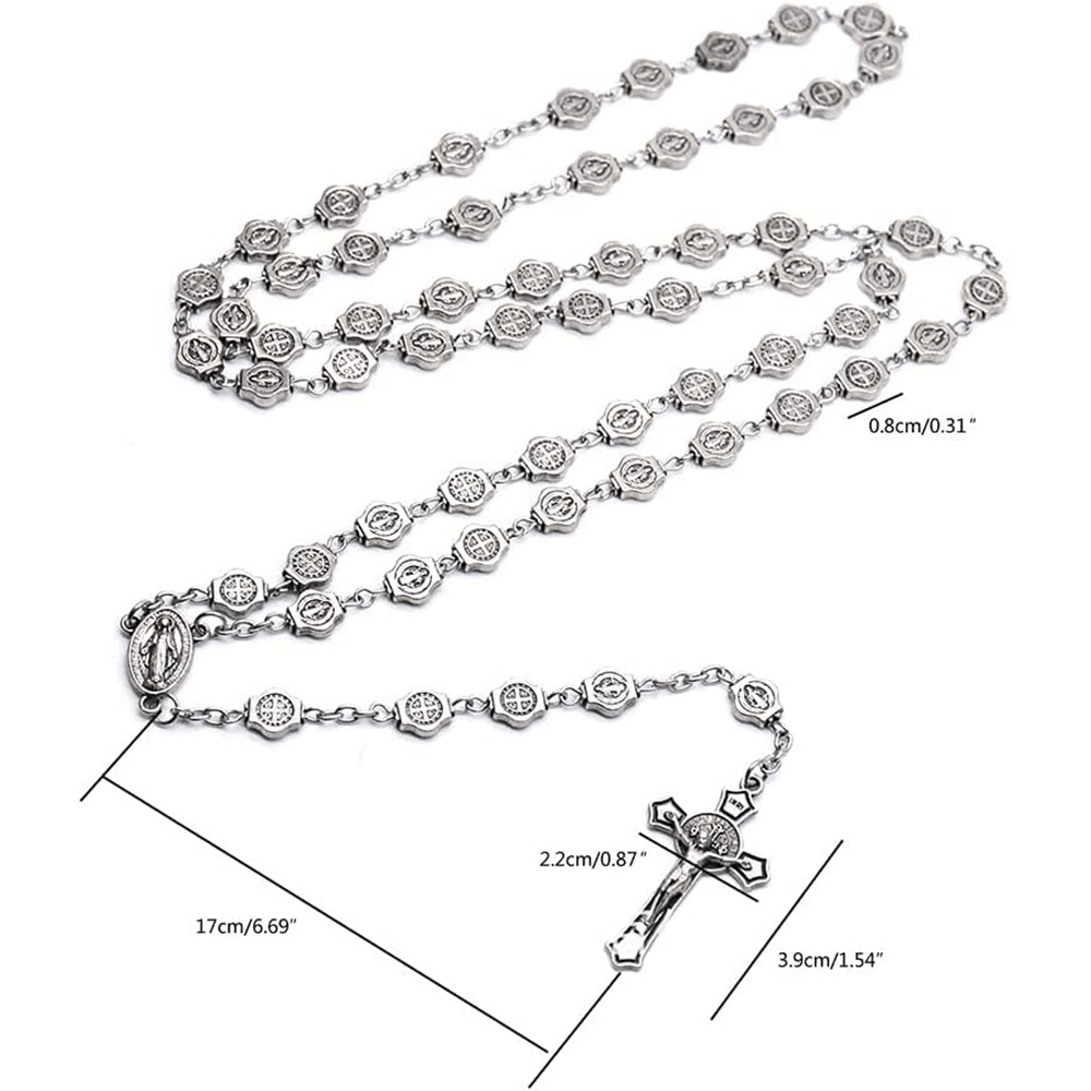 St. Benedict Medal & Crucifix of 8 mm Polyhedron Silver Metal Alloy Chain Rosary
