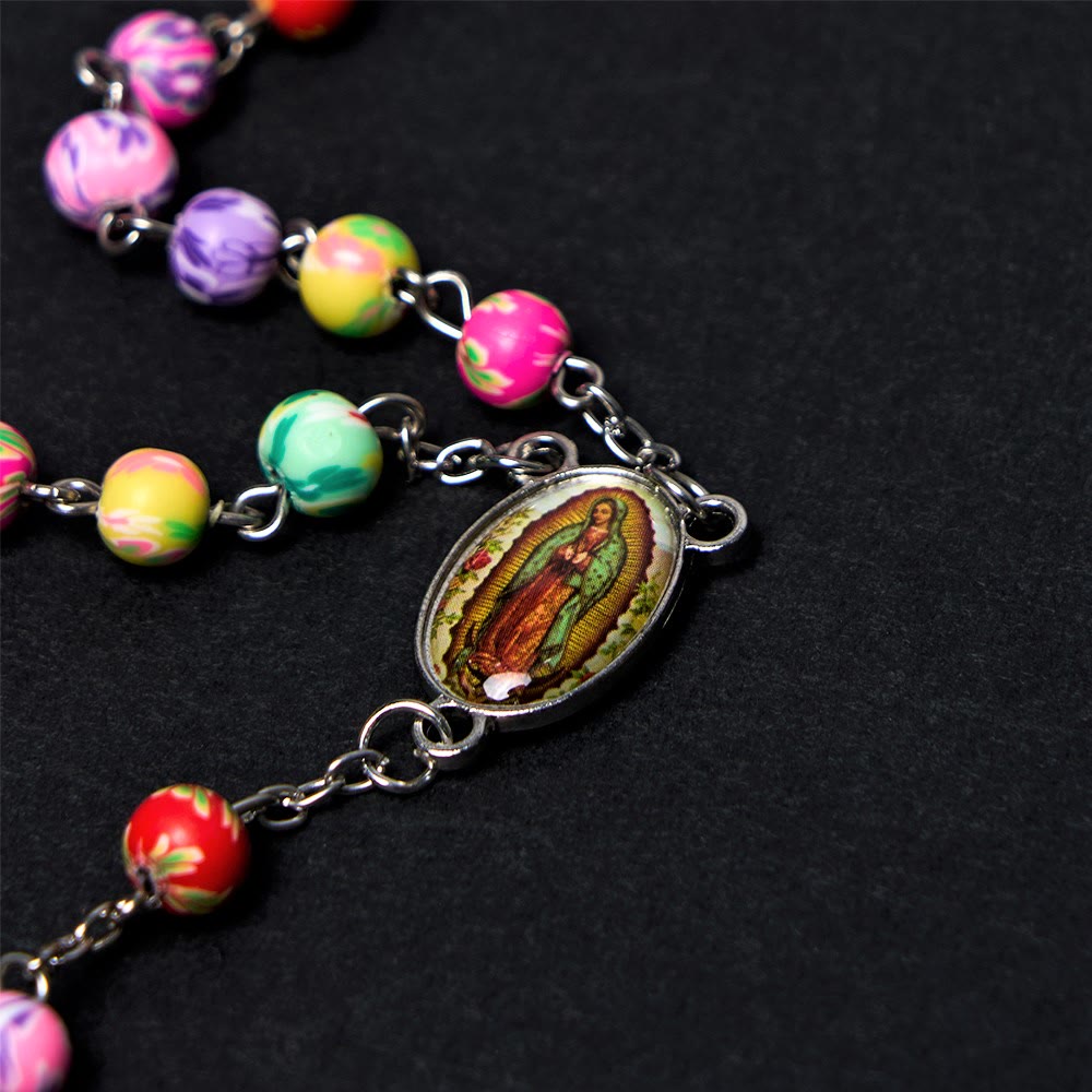 Our Lady of Guadalupe & Crucifix of 6 mm Round Multicolor Polymer Clay Alloy Chain Rosary