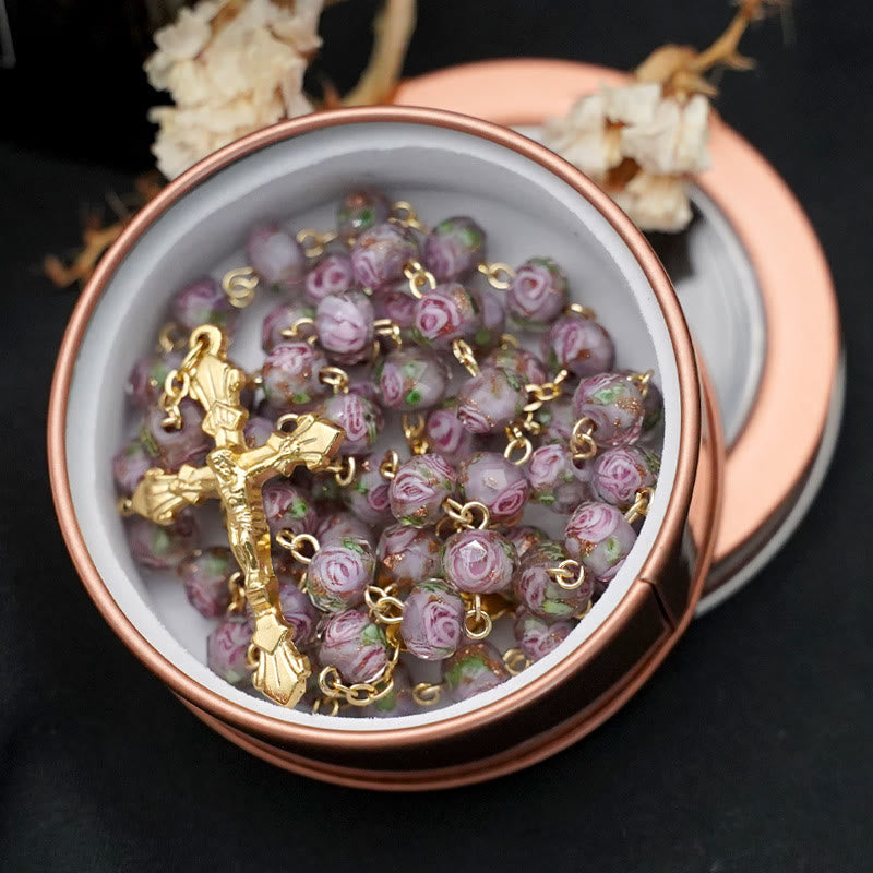 Flower Rose Glazed Beads Rosary with Mary & Crucifix