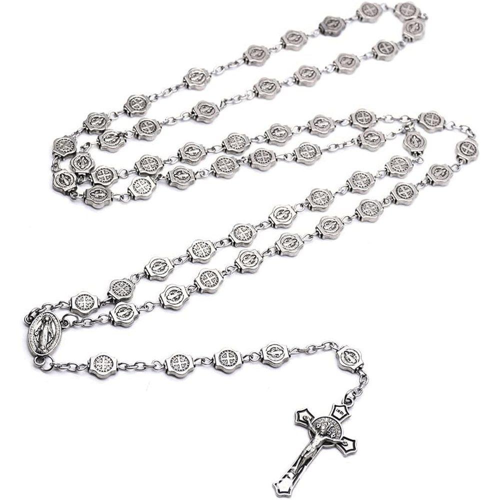 St. Benedict Medal & Crucifix of 8 mm Polyhedron Silver Metal Alloy Chain Rosary