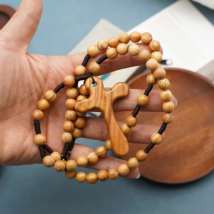 Handmade Polished Olive Wood Cross Car Rosary