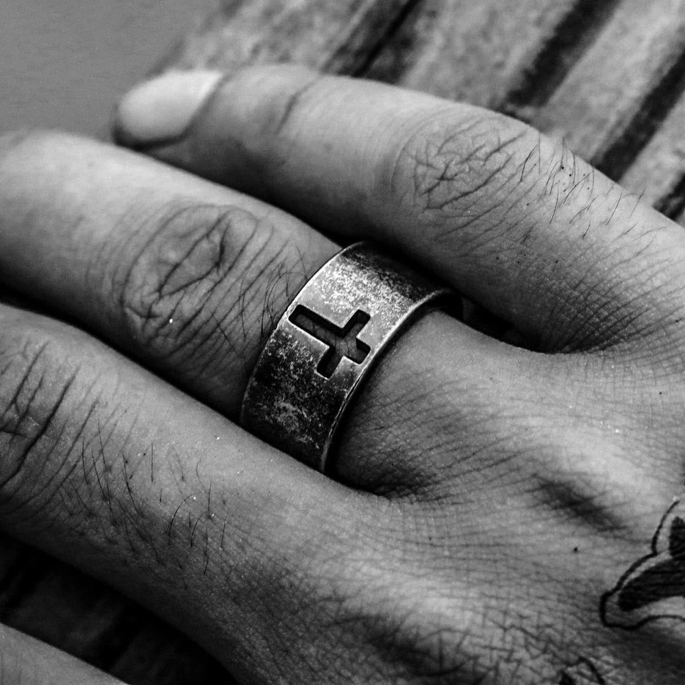 Stainless Steel Antique Punk HeavySaint Cross Ring
