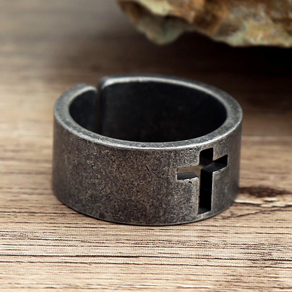 Stainless Steel Antique Punk HeavySaint Cross Ring