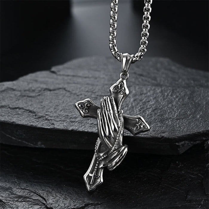 Praying Hands Cross Stainless Steel Pendant Necklace