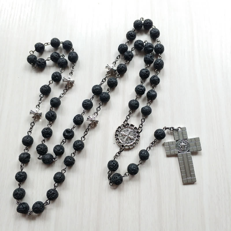 Vintage Cross Pendant Volcanic Stone Beads Rosary