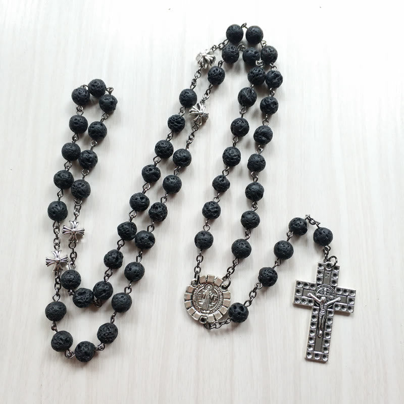 Vintage Cross Pendant Volcanic Stone Beads Rosary
