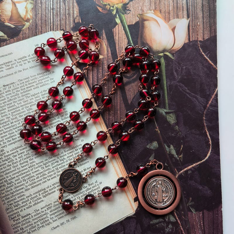 Red Glass Garnet St. Benedict Protection Rosary