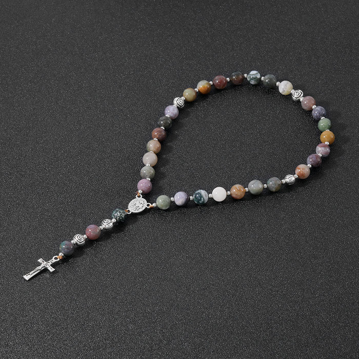 Miraculous Medal & Crucifix of 8 mm Round Multicolor Stone Nylon Cord Rosary