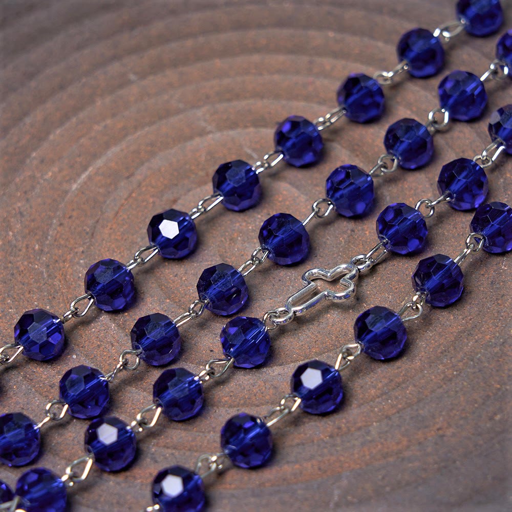 Miraculous Medal & Cross of 8 mm Polyhedron Blue Crystal Alloy Chain Rosary