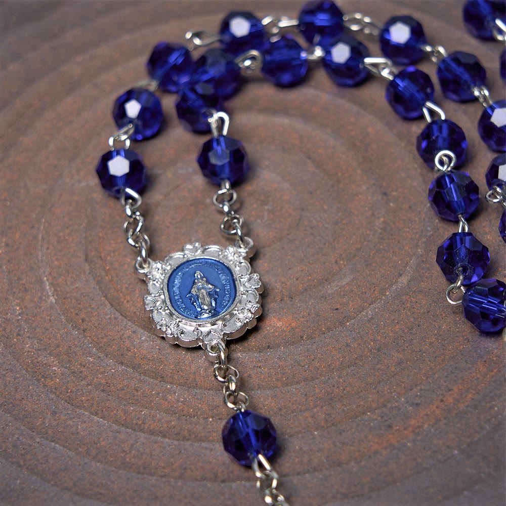 Miraculous Medal & Cross of 8 mm Polyhedron Blue Crystal Alloy Chain Rosary