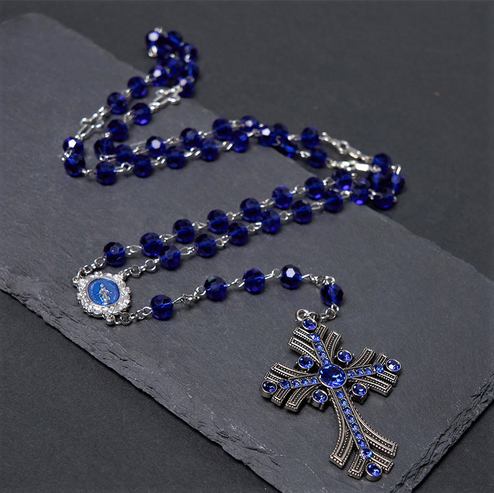 Miraculous Medal & Cross of 8 mm Polyhedron Blue Crystal Alloy Chain Rosary