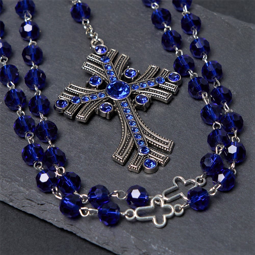 Miraculous Medal & Cross of 8 mm Polyhedron Blue Crystal Alloy Chain Rosary