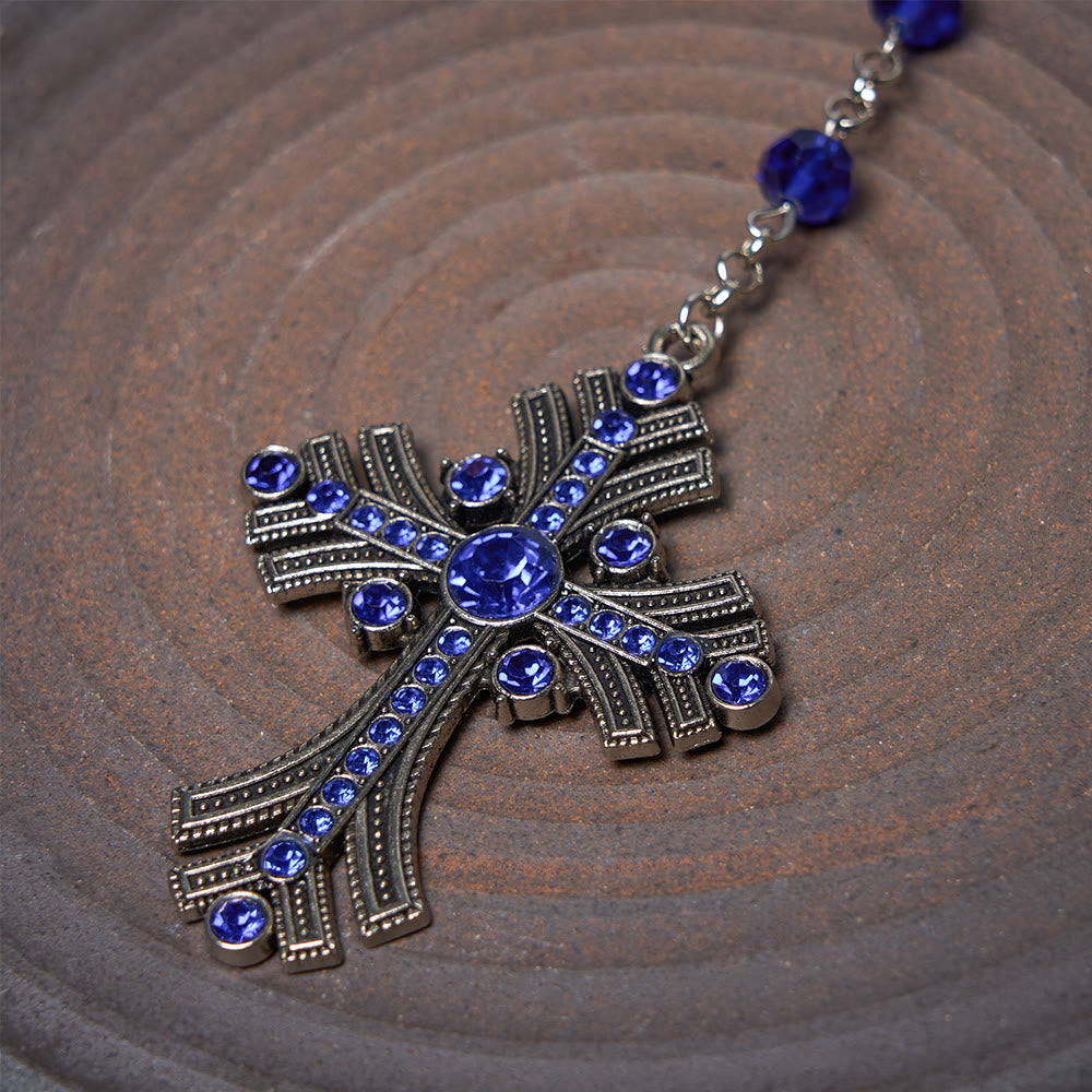 Miraculous Medal & Cross of 8 mm Polyhedron Blue Crystal Alloy Chain Rosary