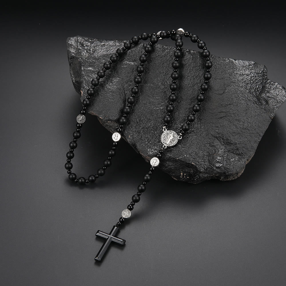 St. Benedict Medal & Cross of 8 mm Round Black Multi-material Nylon Cord Rosary