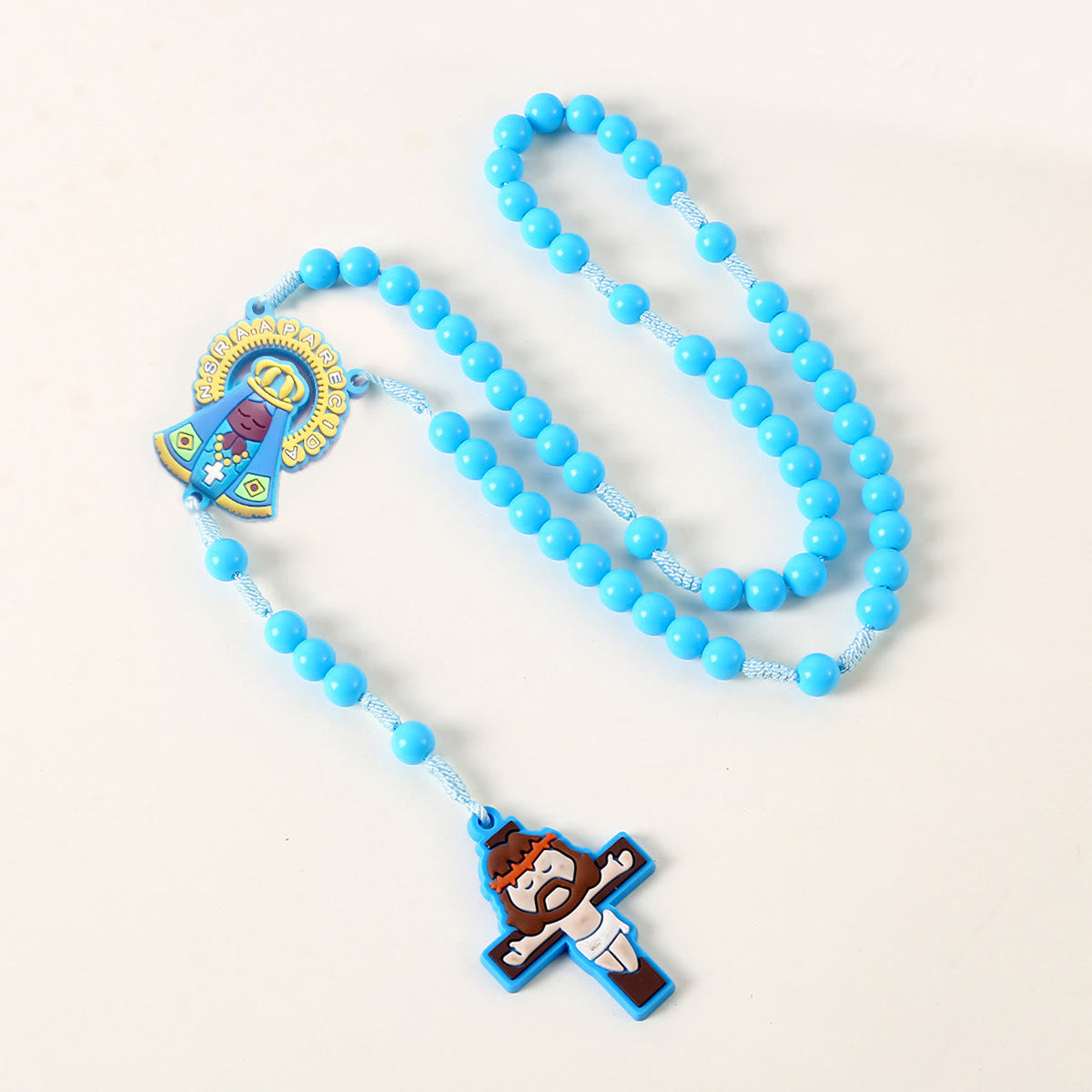 Guardian Angel & Crucifix of 8 mm Round Pink/Blue Acrylic Nylon Cord Child Rosary