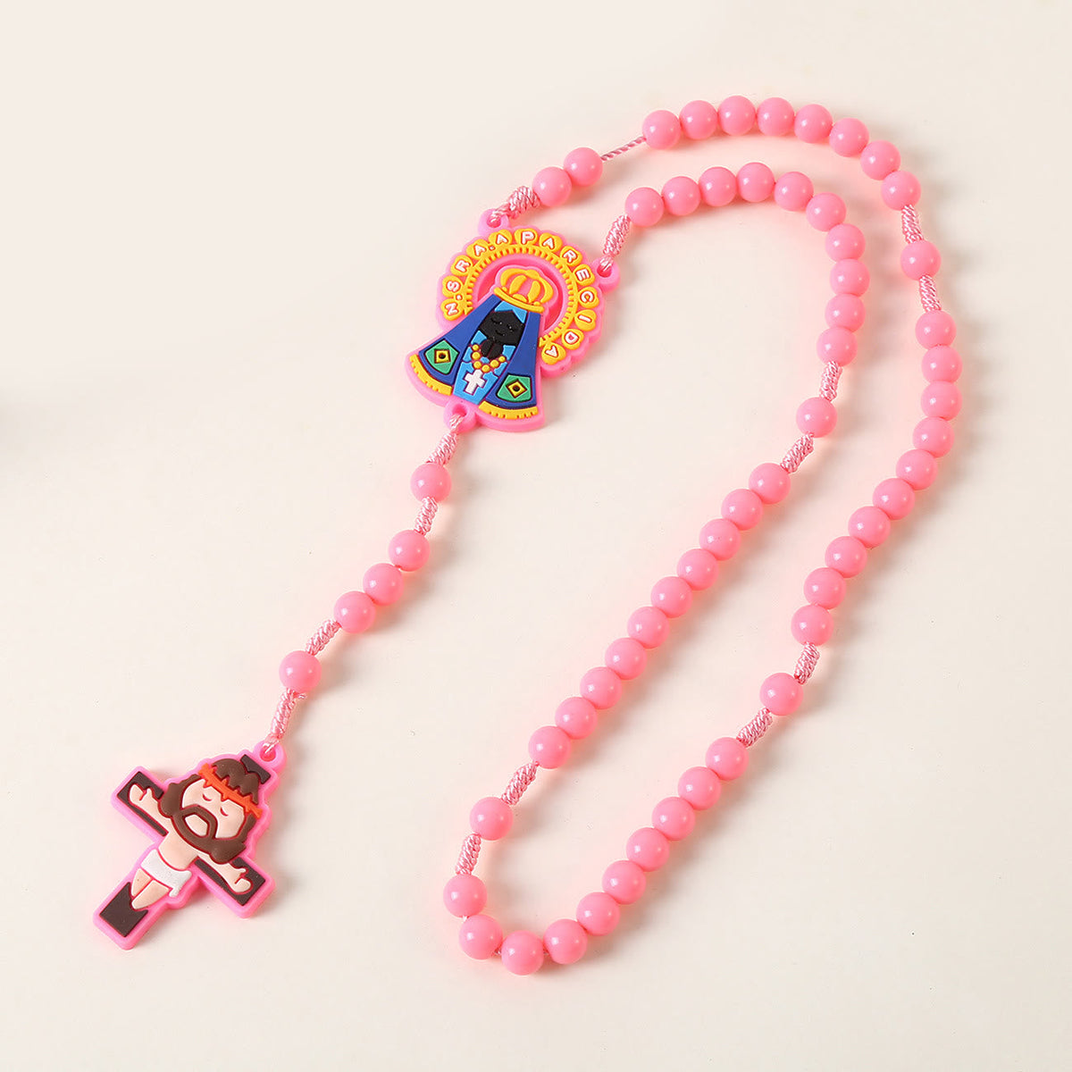 Guardian Angel & Crucifix of 8 mm Round Pink/Blue Acrylic Nylon Cord Child Rosary