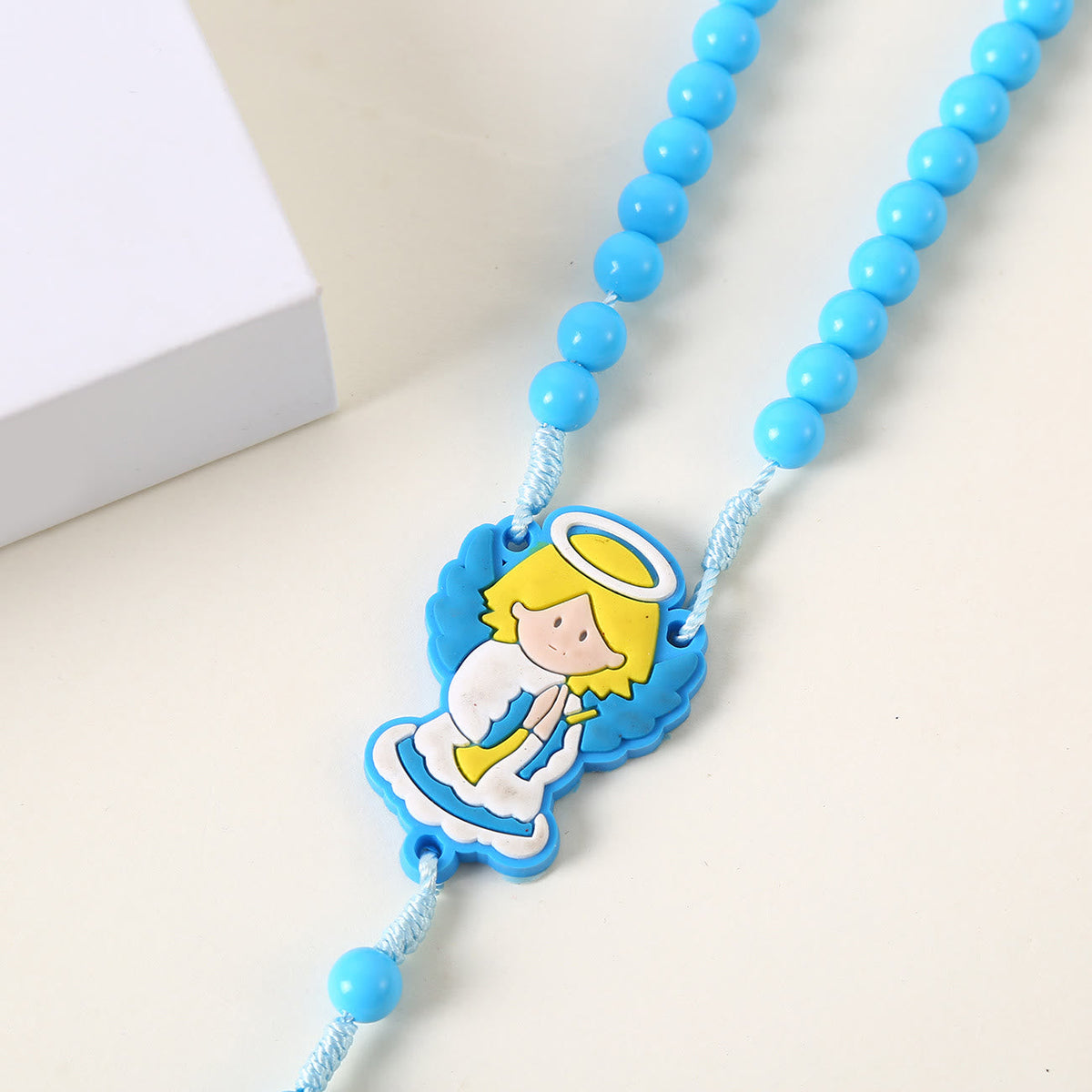 Guardian Angel & Crucifix of 8 mm Round Pink/Blue Acrylic Nylon Cord Child Rosary