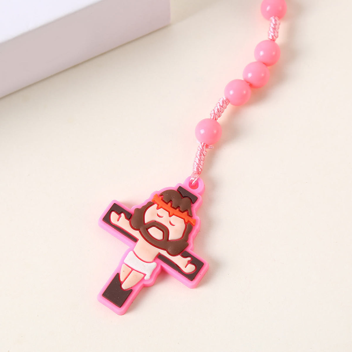 Guardian Angel & Crucifix of 8 mm Round Pink/Blue Acrylic Nylon Cord Child Rosary