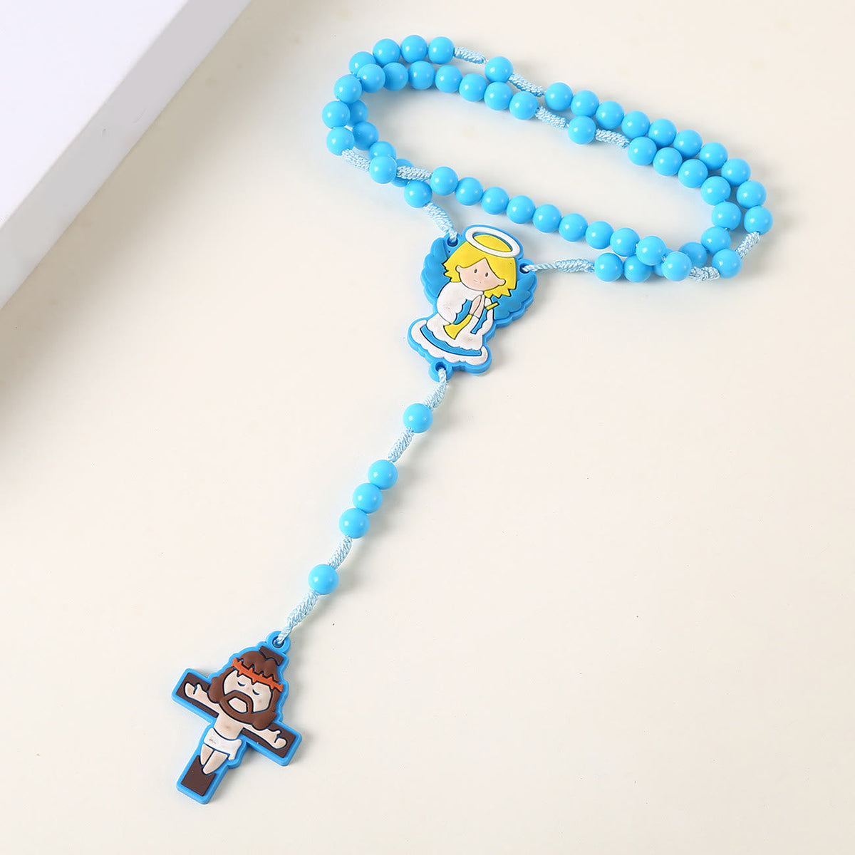 Guardian Angel & Crucifix of 8 mm Round Pink/Blue Acrylic Nylon Cord Child Rosary