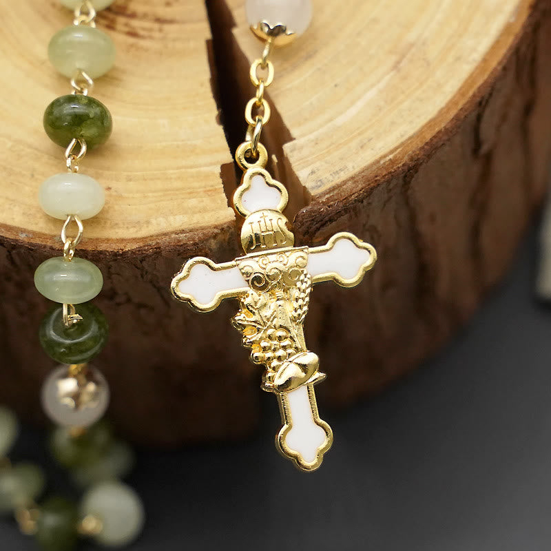 Holy Grail & Crucifix with Eucharistic of 5*8 mm Round Green Chalcedony Alloy Chain Rosary