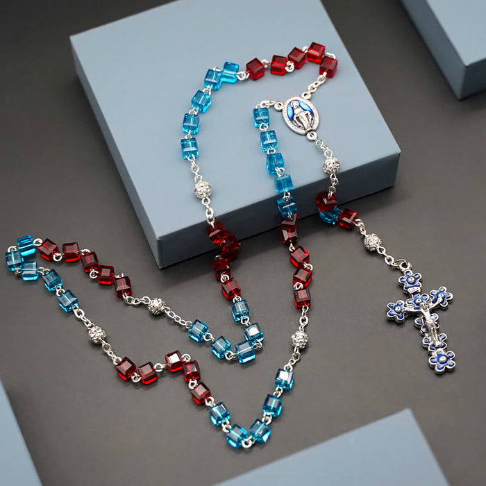 Miraculous Medal & Crucifix of 6 mm Square Multicolor Crystal Alloy Chain Rosary