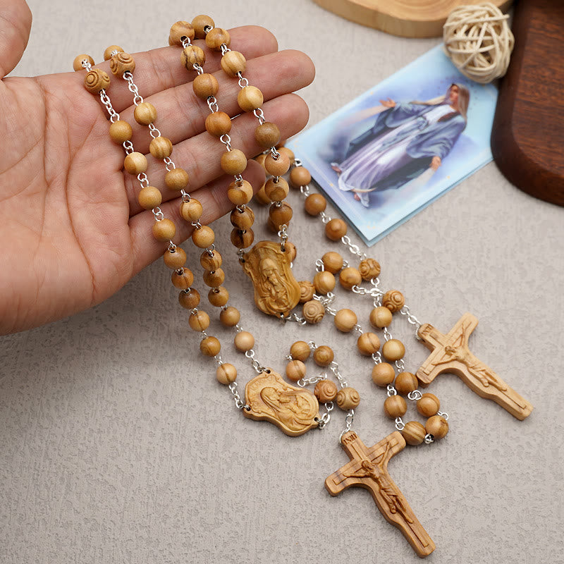 Madonna and Child & Crucifix of 8 mm Round Multicolor Olive Wood Alloy Chain Rosary