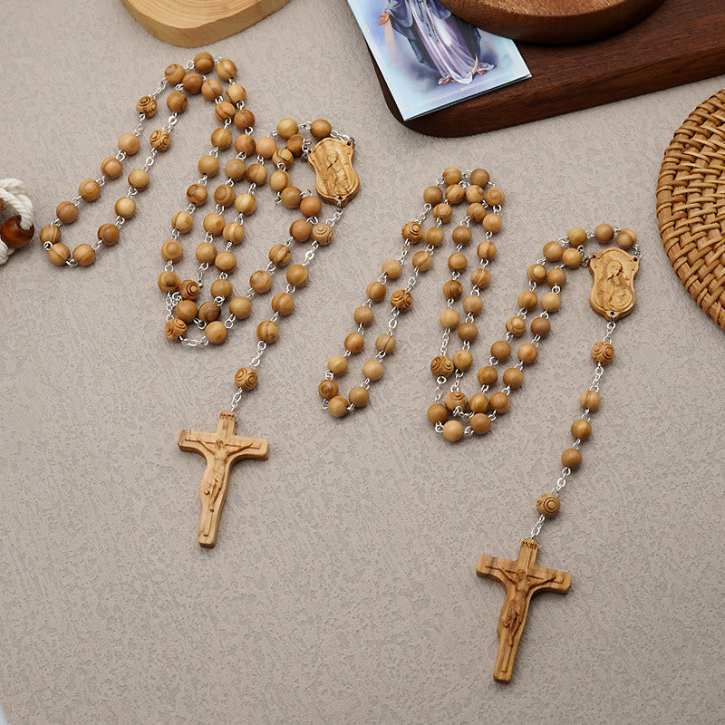 Madonna and Child & Crucifix of 8 mm Round Multicolor Olive Wood Alloy Chain Rosary