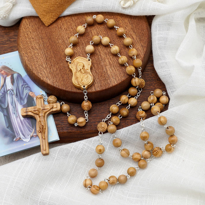 Madonna and Child & Crucifix of 8 mm Round Multicolor Olive Wood Alloy Chain Rosary