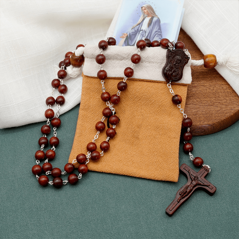 Madonna and Child & Crucifix of 8 mm Round Multicolor Olive Wood Alloy Chain Rosary