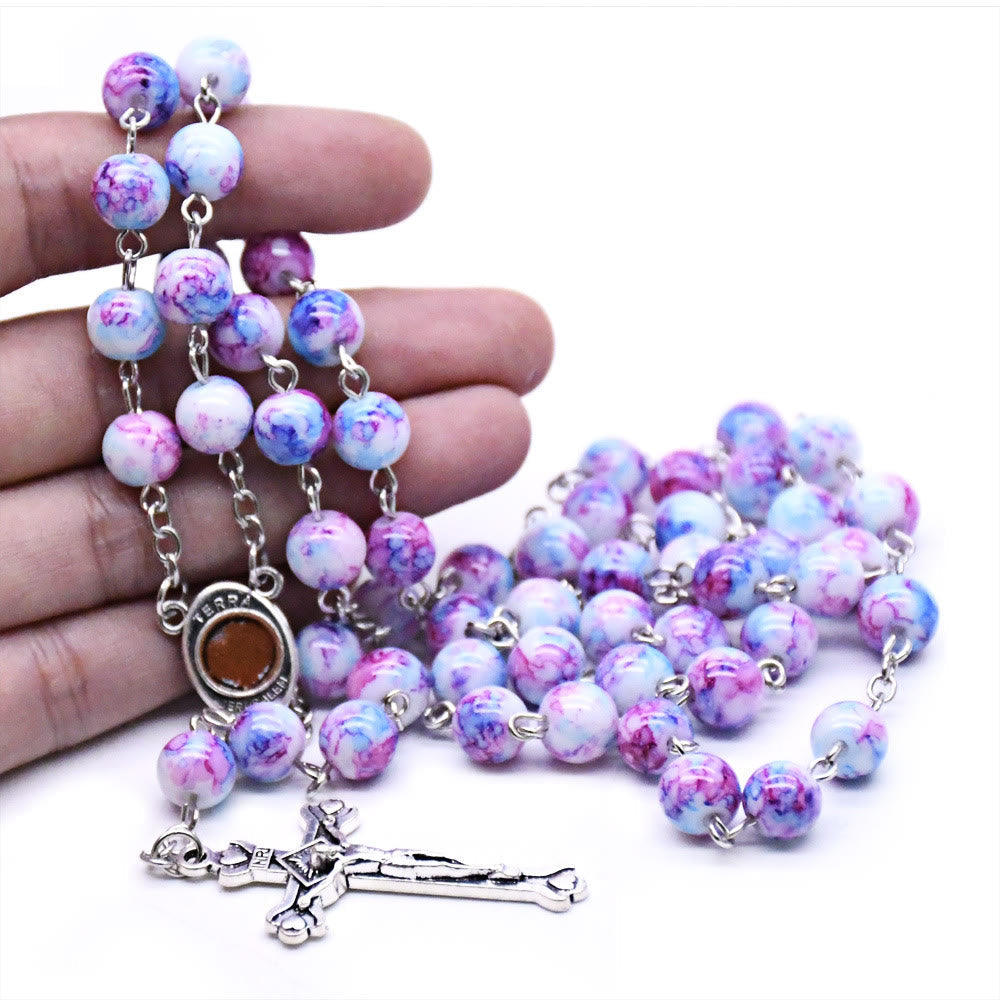Madonna and Child & Crucifix of 6 mm Round Purple Glass Alloy Chain Rosary