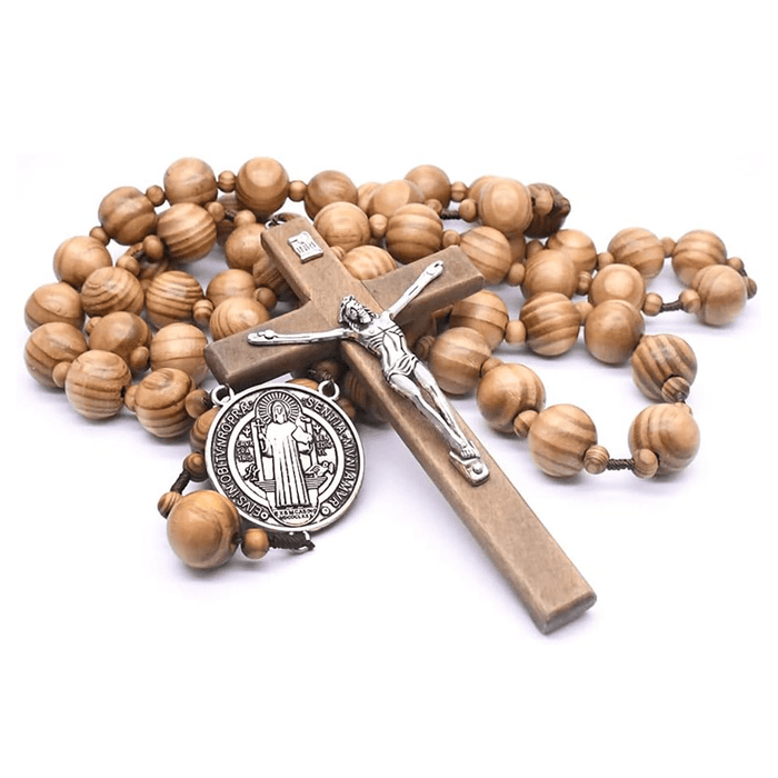 St. Benedict Medal & Crucifix of 15 mm Round Brown Wood Nylon Cord Wall Hanging Rosary