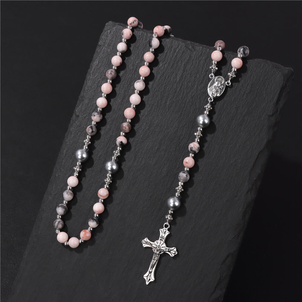 Natural Stone & Pearl Our Lady Medal Prayer Rosary
