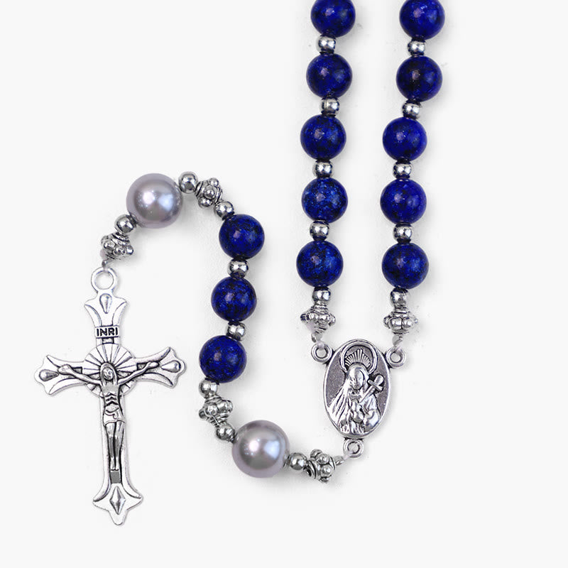 Natural Stone & Pearl Our Lady Medal Prayer Rosary