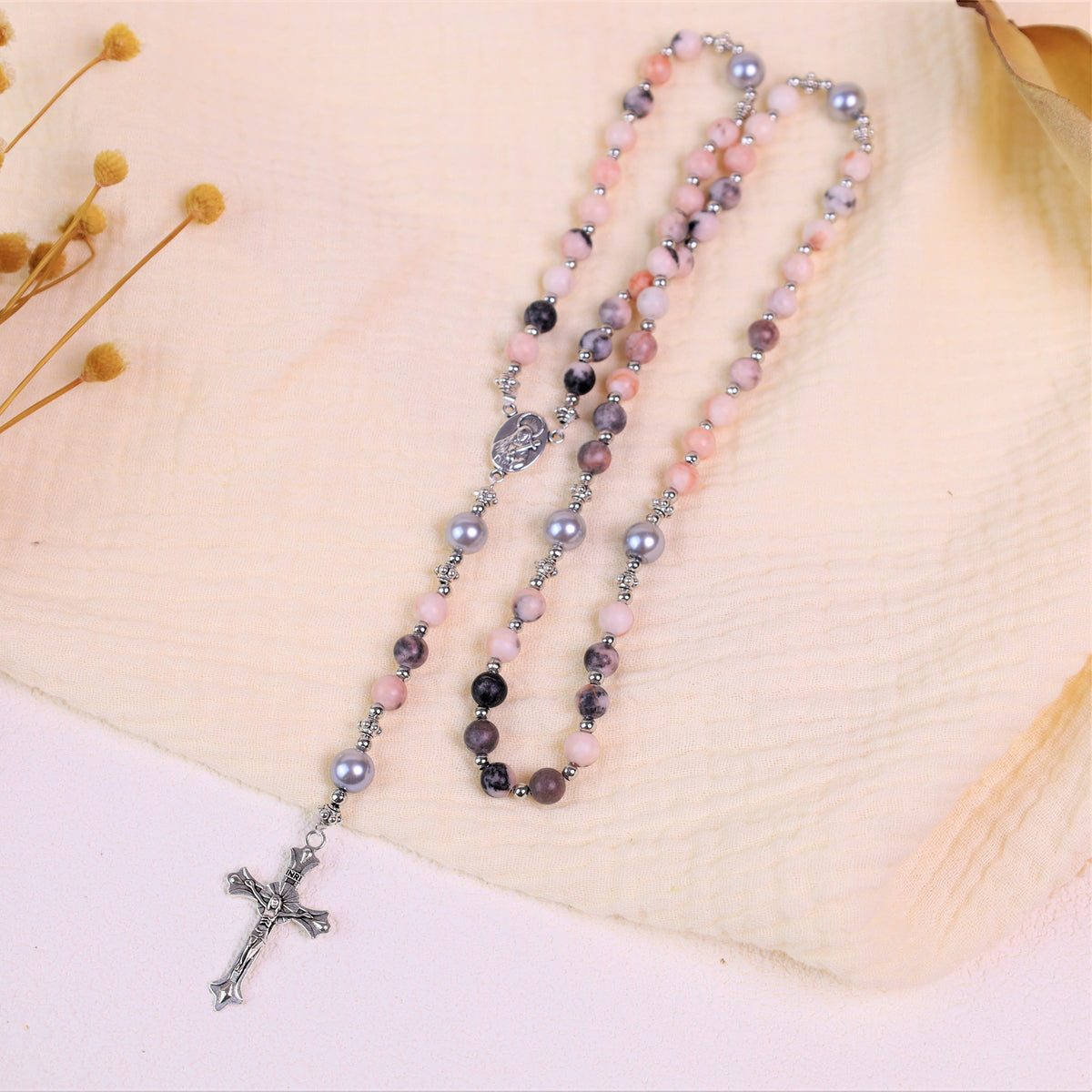 Natural Stone & Pearl Our Lady Medal Prayer Rosary