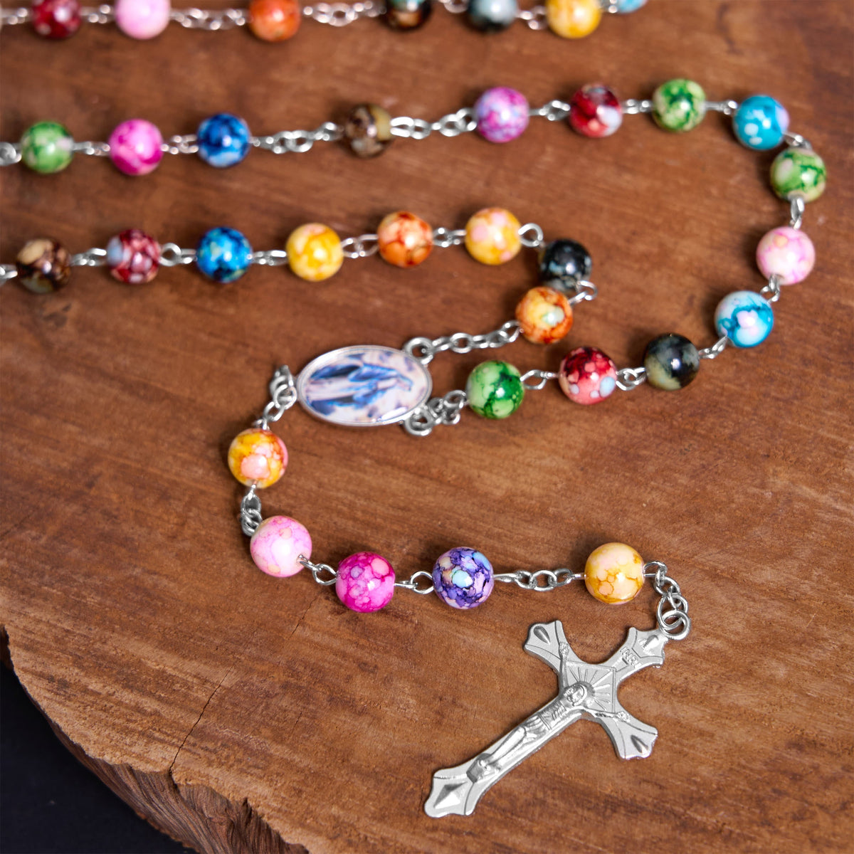 Assumption of Our Lady & Crucifix of 8 mm Round Multicolor Acrylic Alloy Chain Rosary