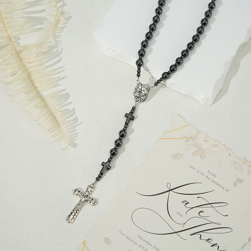 Holy Family & Crucifix of 8 mm Round Black Gallstone Nylon Cord Rosary
