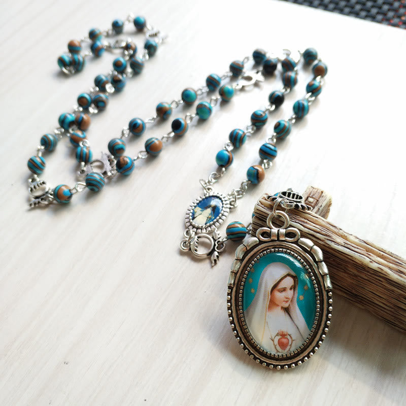 Miraculous Medal & Crucifix of 6 mm Round Green Malachite Alloy Chain Rosary