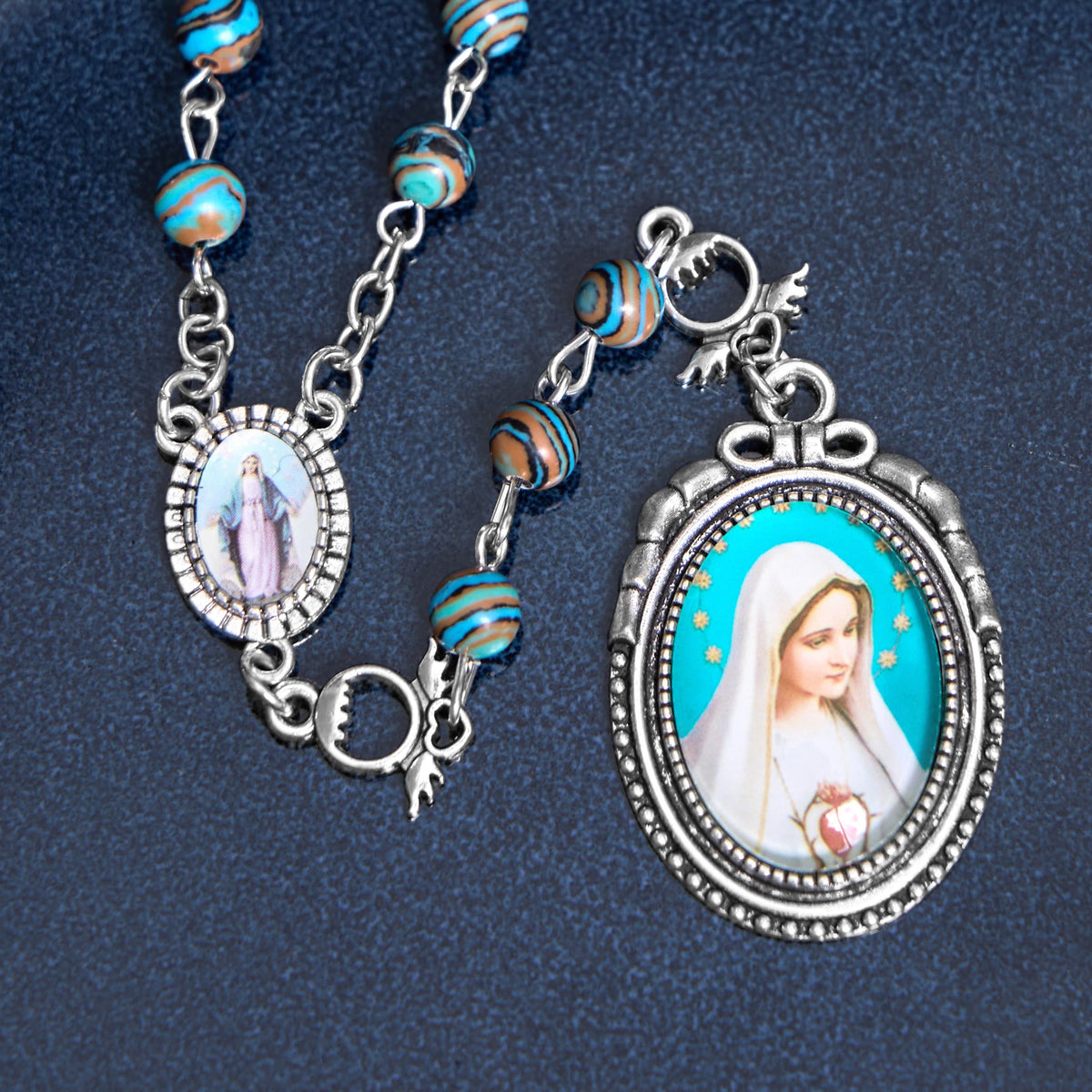 Miraculous Medal & Crucifix of 6 mm Round Green Malachite Alloy Chain Rosary