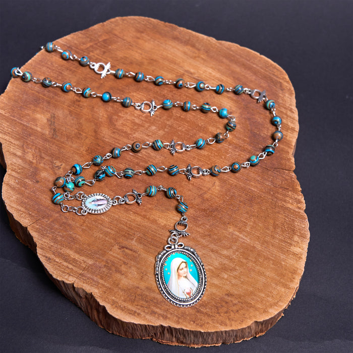 Miraculous Medal & Crucifix of 6 mm Round Green Malachite Alloy Chain Rosary