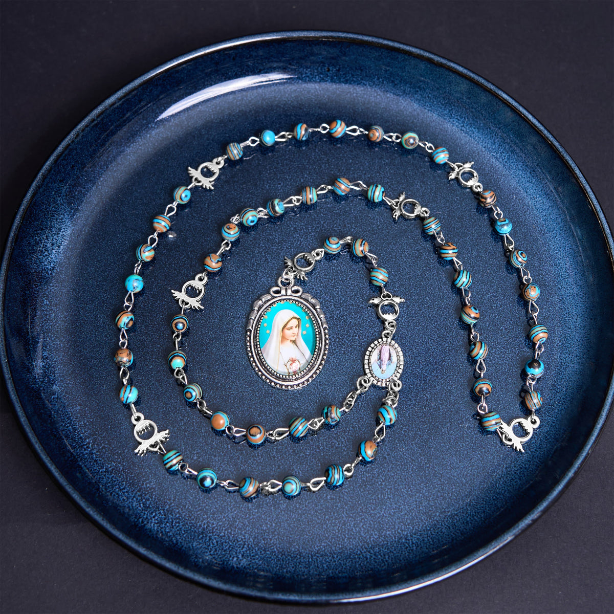 Miraculous Medal & Crucifix of 6 mm Round Green Malachite Alloy Chain Rosary