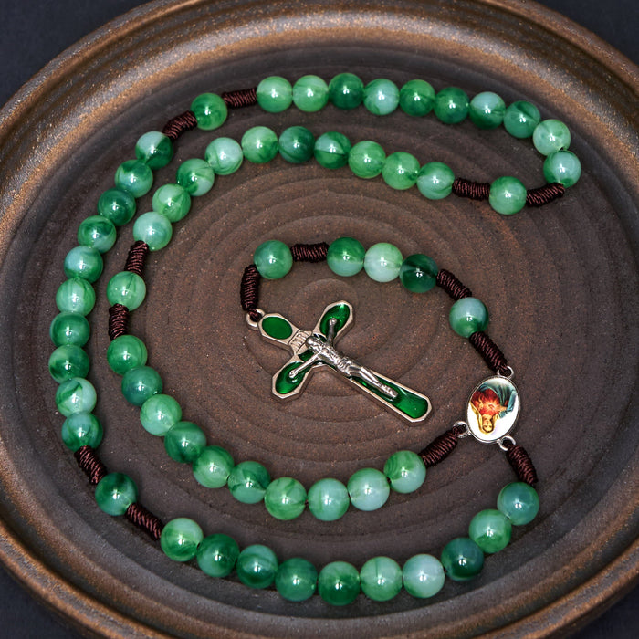 Immaculate Heart of Mary & Crucifix of 10 mm Round Green Acrylic Nylon Cord Rosary