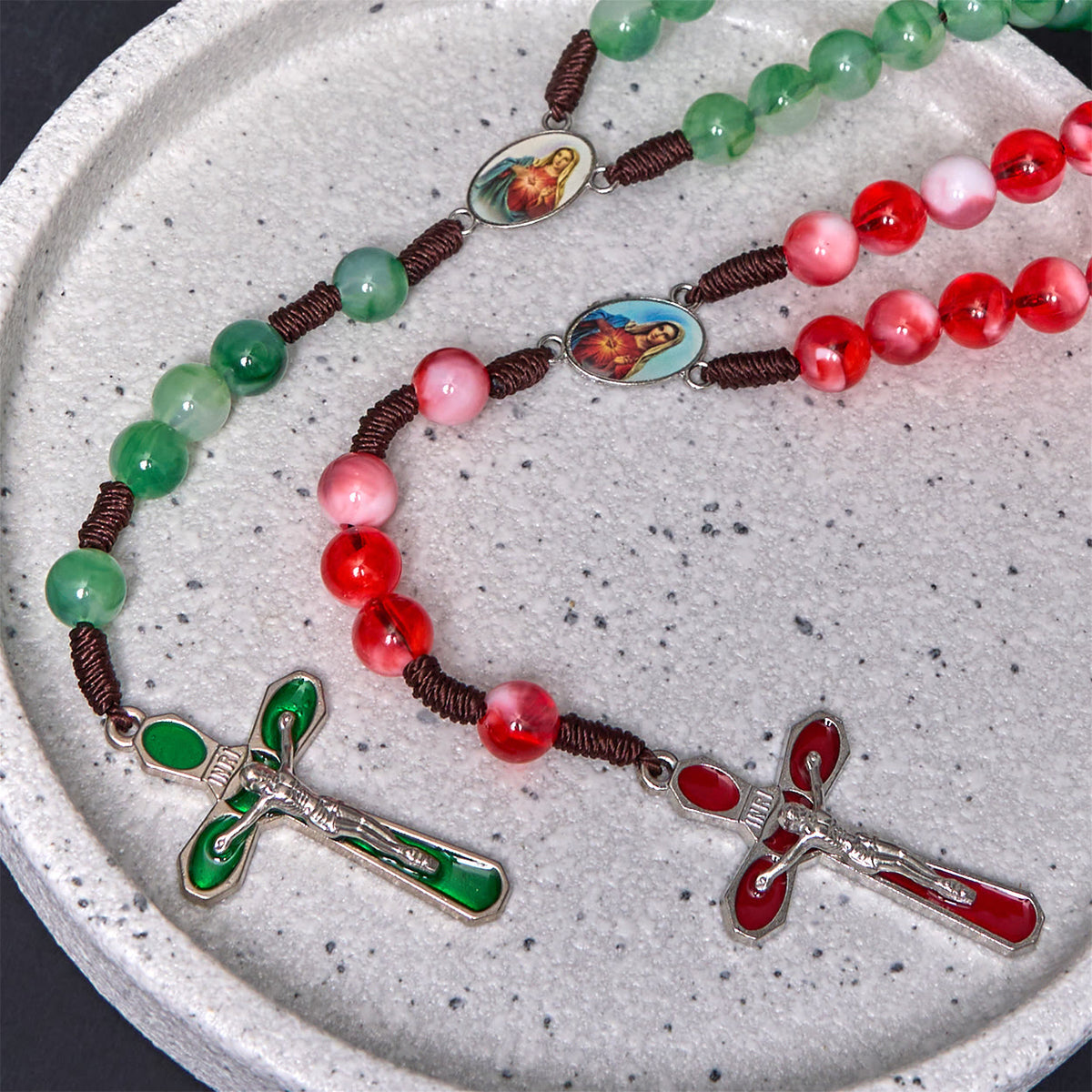 Immaculate Heart of Mary & Crucifix of 10 mm Round Red Acrylic Nylon Cord Rosary