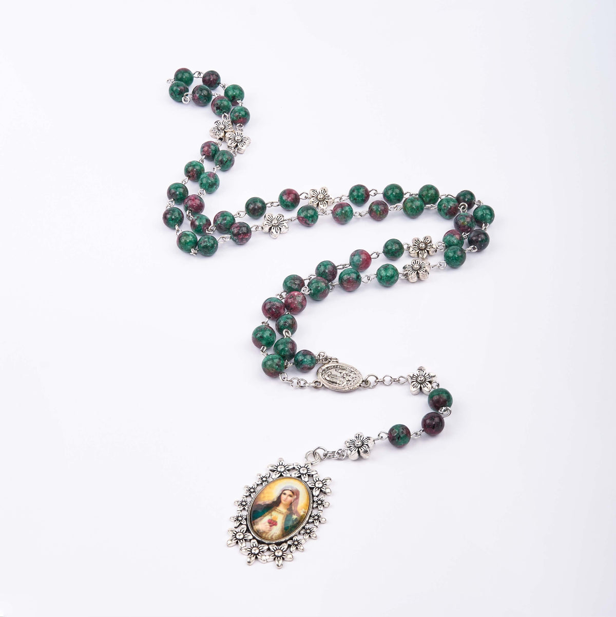 Our Lady of Fátima & Immaculate Heart of Mary of 8 mm Round Green Natural Stone Alloy Chain Rosary