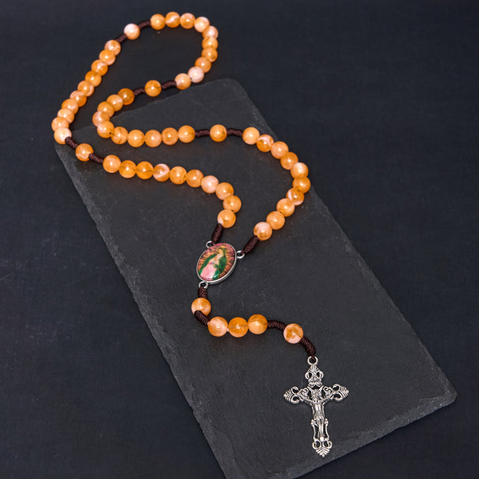 Our Lady of Guadalupe & Crucifix of 10 mm Round Orange Acrylic Nylon Cord Rosary
