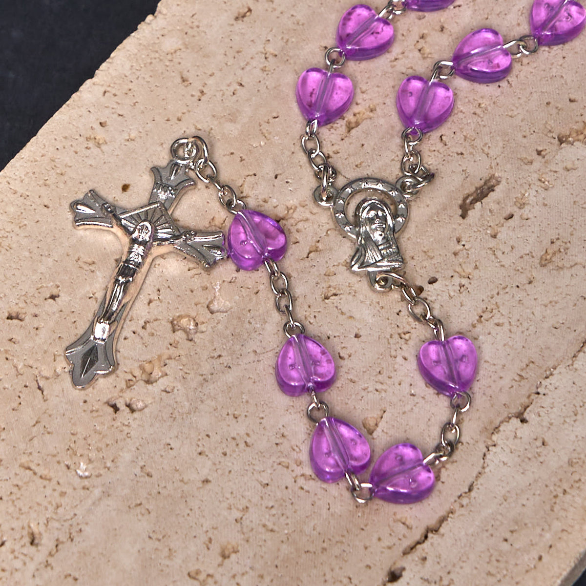 Our Lady of the Rosary & Crucifix of 8 mm Heart Purple Acrylic Alloy Chain Rosary