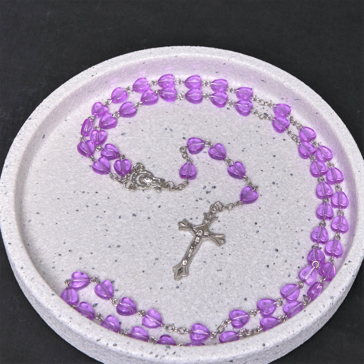 Our Lady of the Rosary & Crucifix of 8 mm Heart Purple Acrylic Alloy Chain Rosary