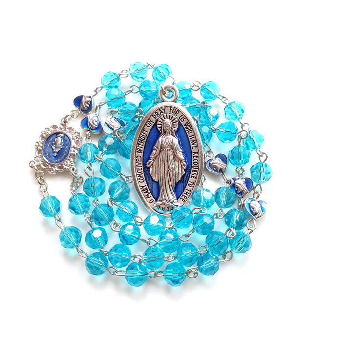 Miraculous Medal of 8 mm Round Blue Glass Cystal Alloy Chain Rosary