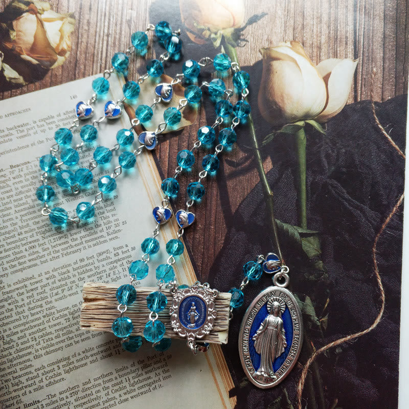 Miraculous Medal of 8 mm Round Blue Glass Cystal Alloy Chain Rosary