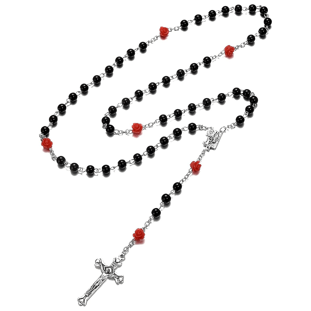 Madonna in Profile & Crucifix of 6 mm Rose Round Multicolor Pearl Alloy Chain Rosary(8 colors)