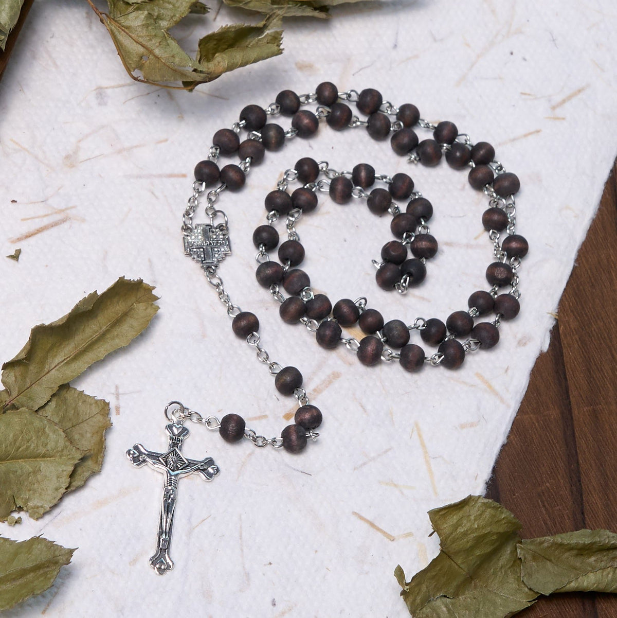 Jerusalem Medal & Crucifix of 7 mm Round White Rosewood Alloy Chain Rosary